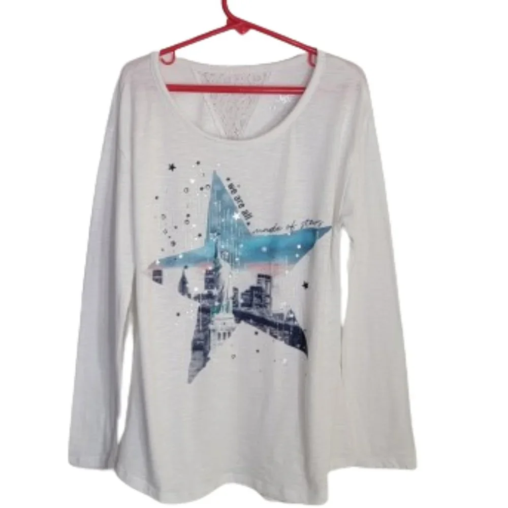 Justice Girls Long Sleeve Statue of Liberty Graphic Tee White Blue Size 10
